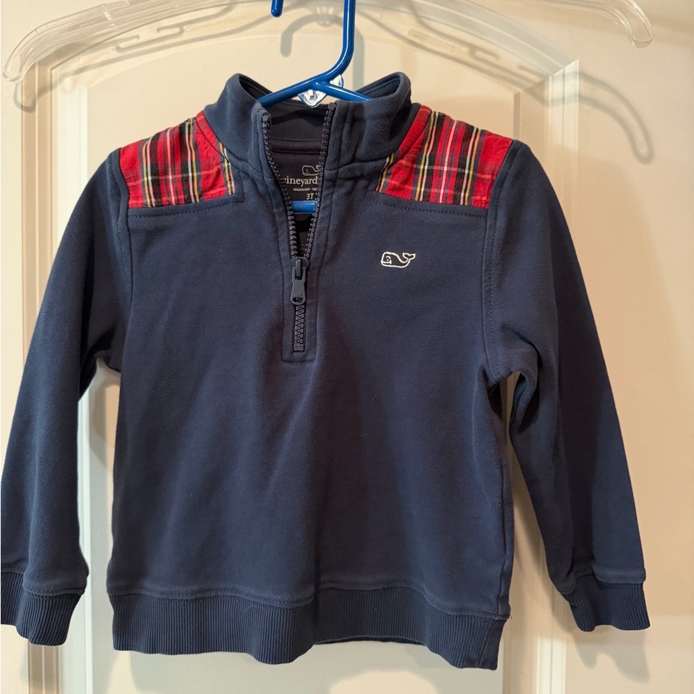 Vineyard Vines Kids Navy Pullover with Red Plaid Accents - 3t